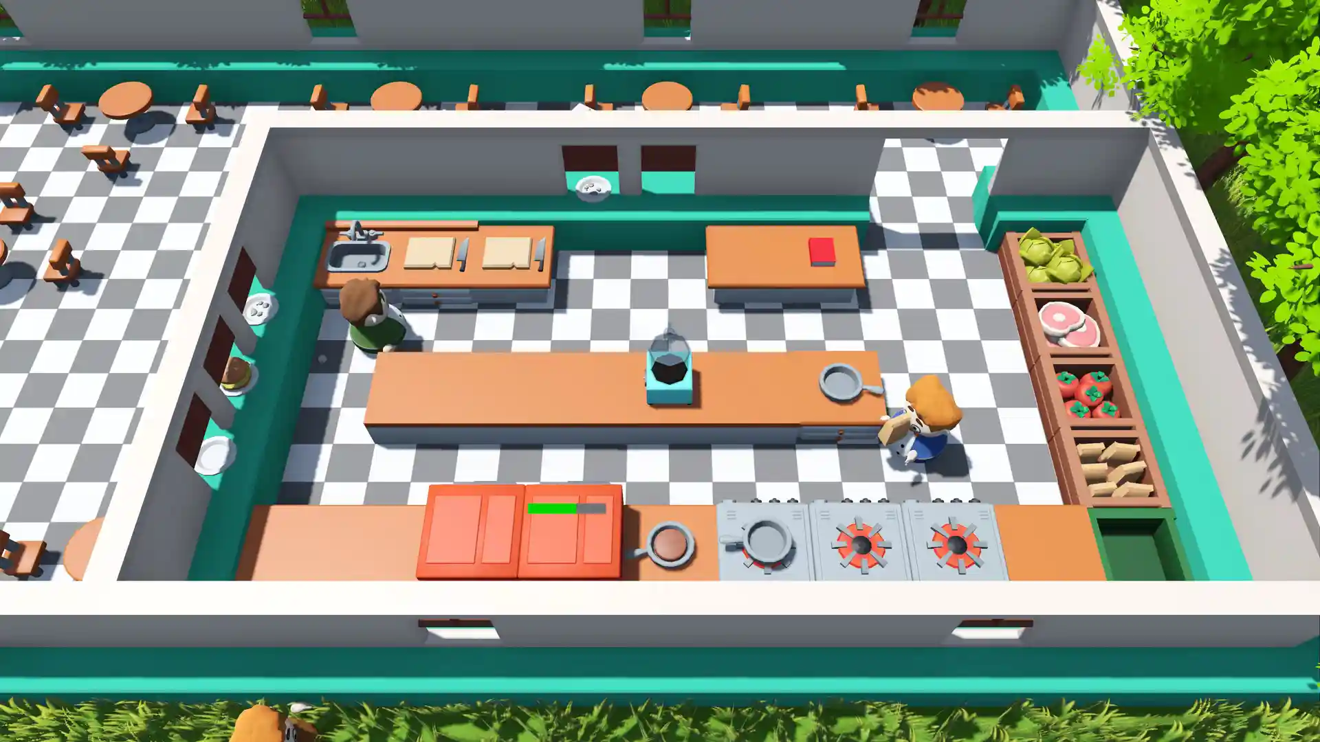 Two players in a kitchen. One is carrying flour, the other is looking at a cutting board.