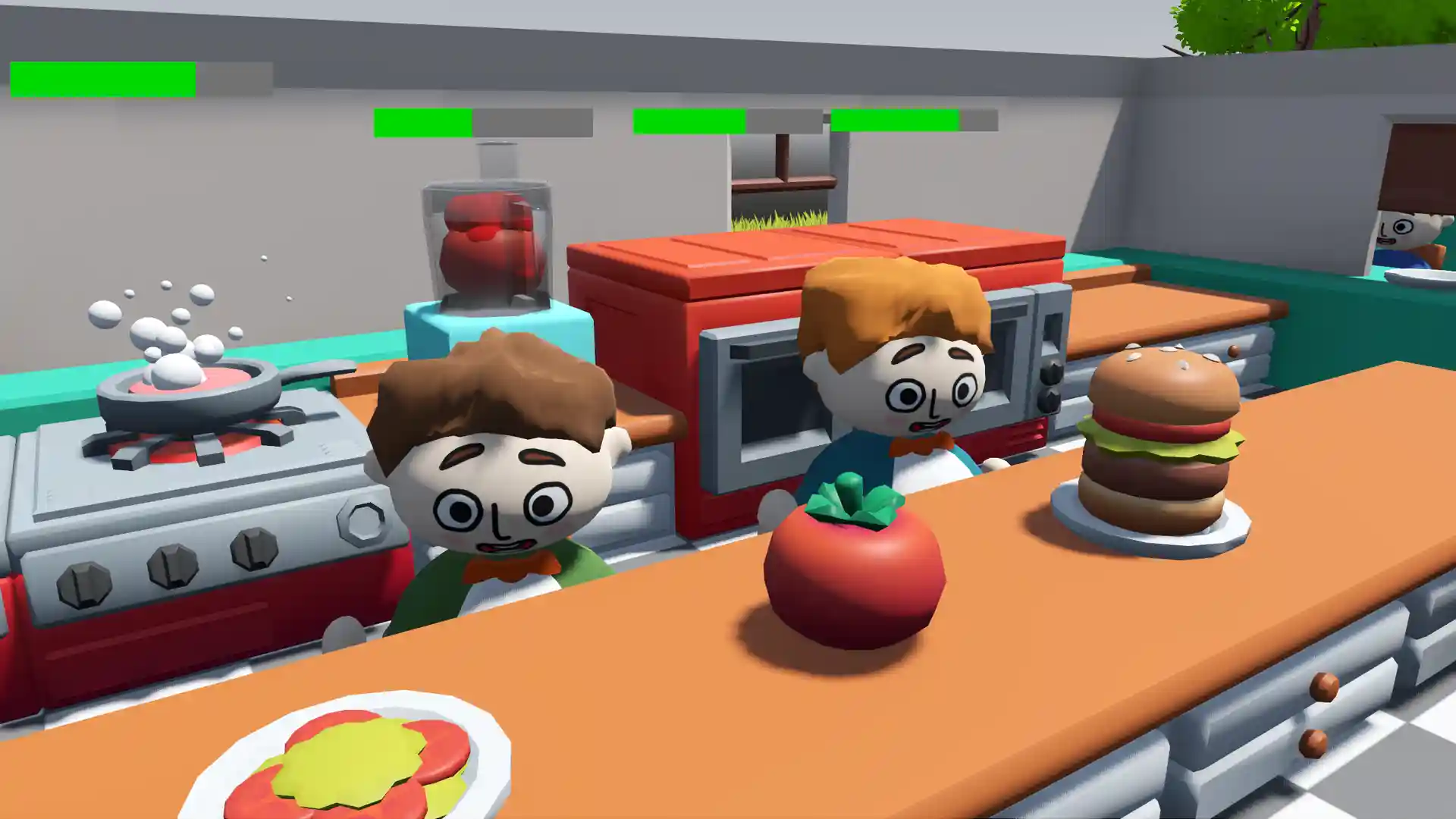 Close-up of two players standing behind a counter with a salad, a tomato and a burger placed on it. In the background, a patty is searing in a pan, a tomato is being processed in a blender and two ovens are baking.