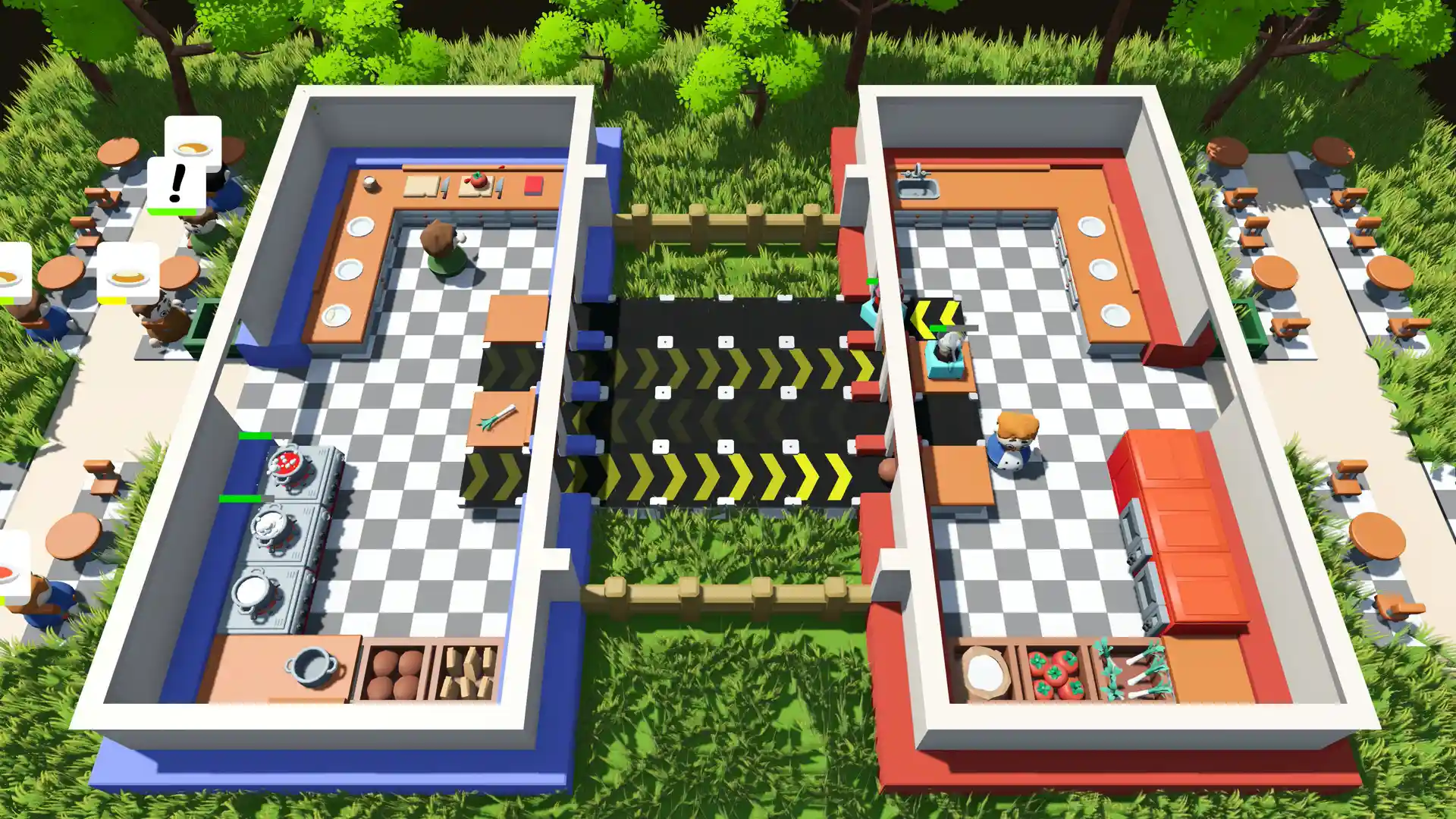 Top-down view of a map with a split kitchen layout connected by conveyor belts. There is a player on either side.