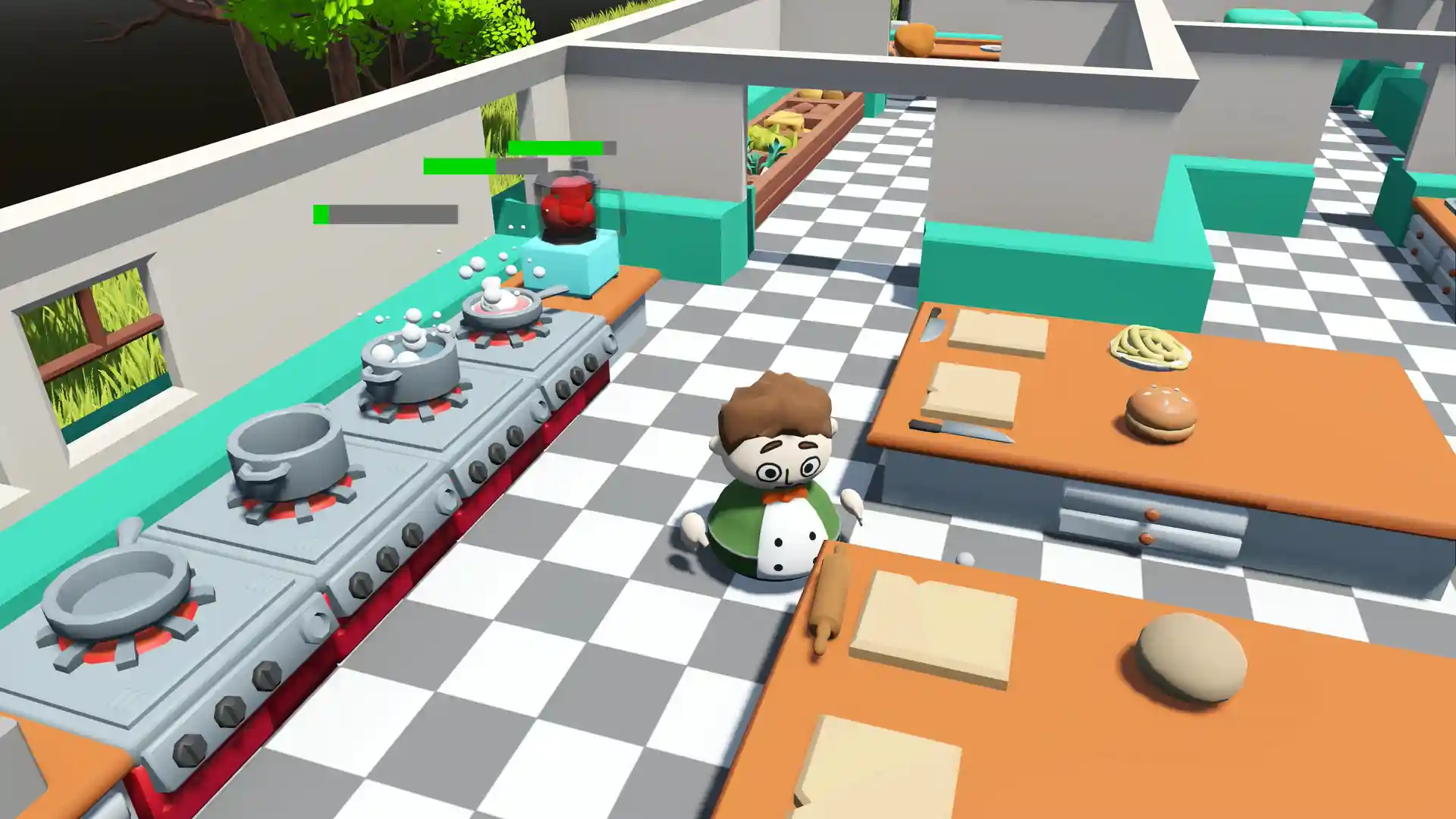 A player standing in a large open kitchen. Multiple dishes are cooking in the background.