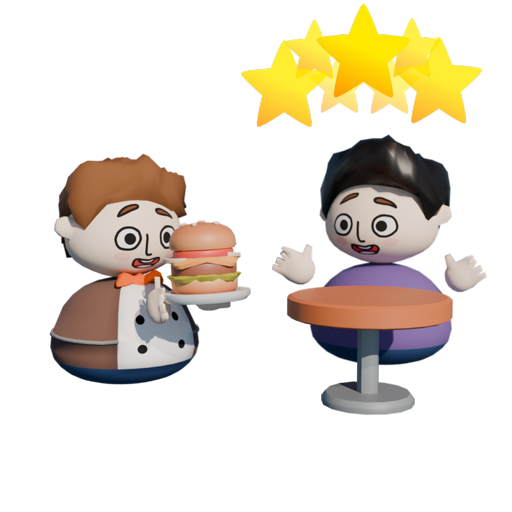 A chef is serving food to a customer. The customer has star particles above.